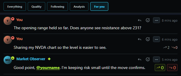 Current MarketRooms For you filter with several own posts and a message mentioning the viewer
