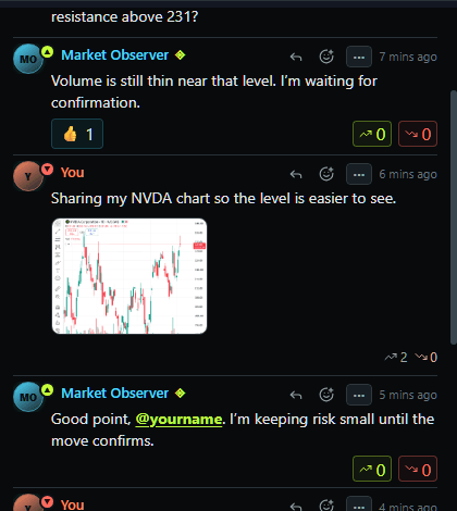MarketRooms chat message showing Long and Short vote buttons and aura-scaled avatar glow