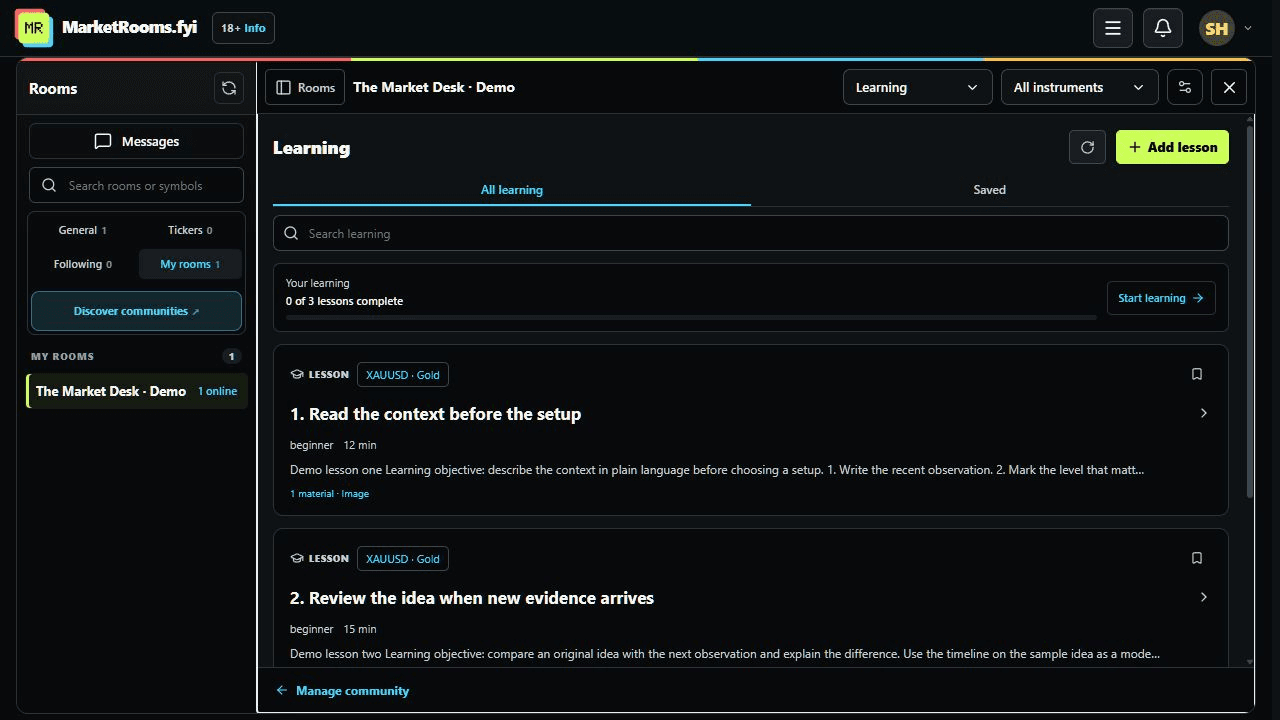 Real MarketRooms Learning page showing three lessons, saved items, learning progress and the Start learning control