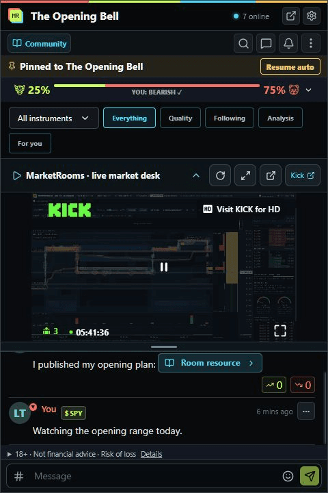 Local development preview of a public Kick channel embedded in the real MarketRooms extension stream player