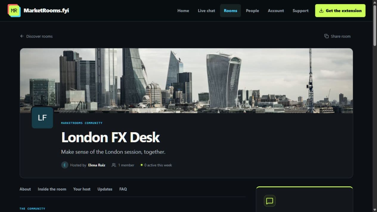 Actual MarketRooms community page design: London FX Desk, with a London skyline cover, room picture and host introduction